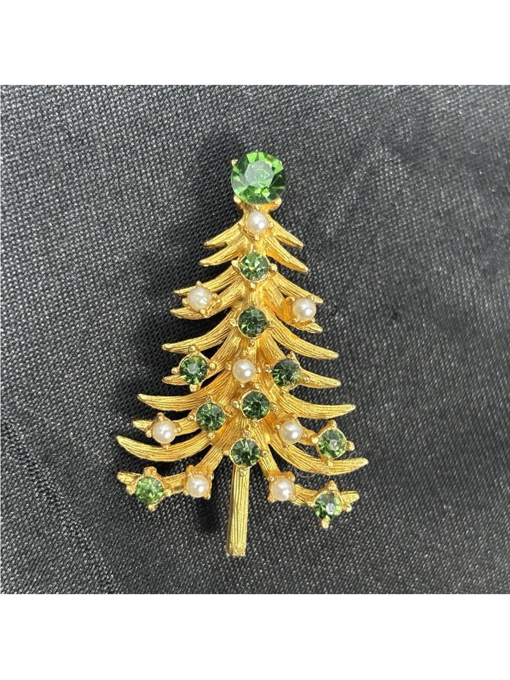 Vintage Florenza Brooch Green Stones Faux Pearls 1.75" Long Gold tone